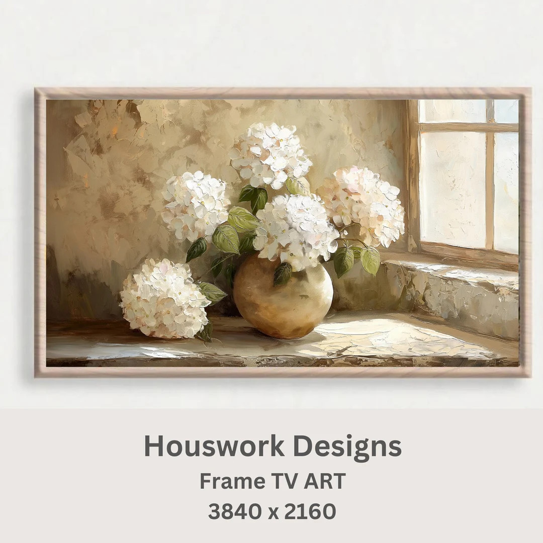 White Hydrangeas Frame TV Art, Rustic Farmhouse Spring Samsung Frame TV Art, Neutral Floral TV Ar... | Etsy (US)