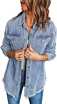 Vetinee Women’s Oversized Button Up Frayed Hem Shacket Long Sleeve Pockets Denim Jean Jacket | Amazon (US)