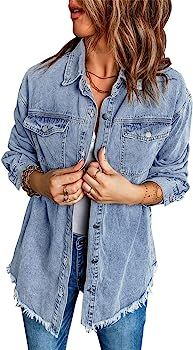 Vetinee Women’s Oversized Button Up Frayed Hem Shacket Long Sleeve Pockets Denim Jean Jacket | Amazon (US)