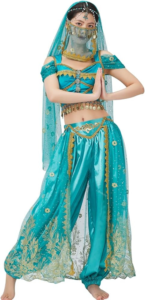 Belly Dance Princess Costume - Aladdin Jasmine Cosplay Outfits Halloween Party Teal Costumes for ... | Amazon (US)
