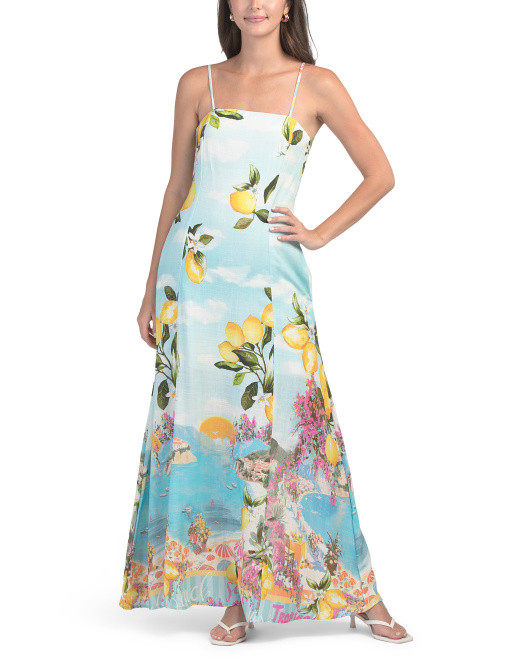 Linen Blend Lemon Landscape Tie Back Dress | TJ Maxx