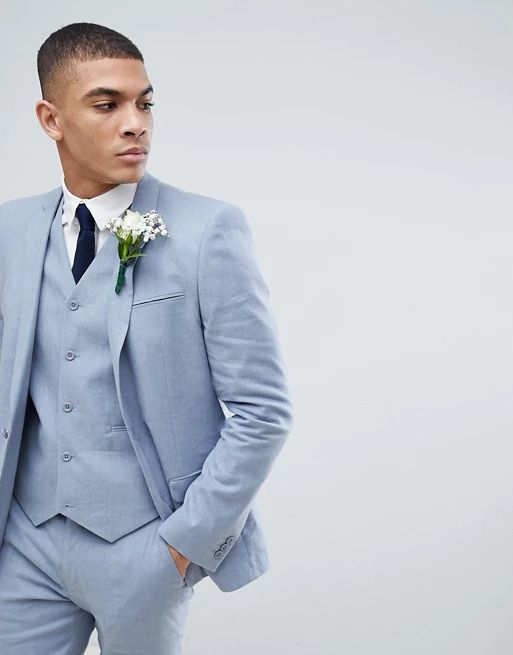 ASOS Wedding Skinny Suit Jacket In Blue Linen | ASOS US