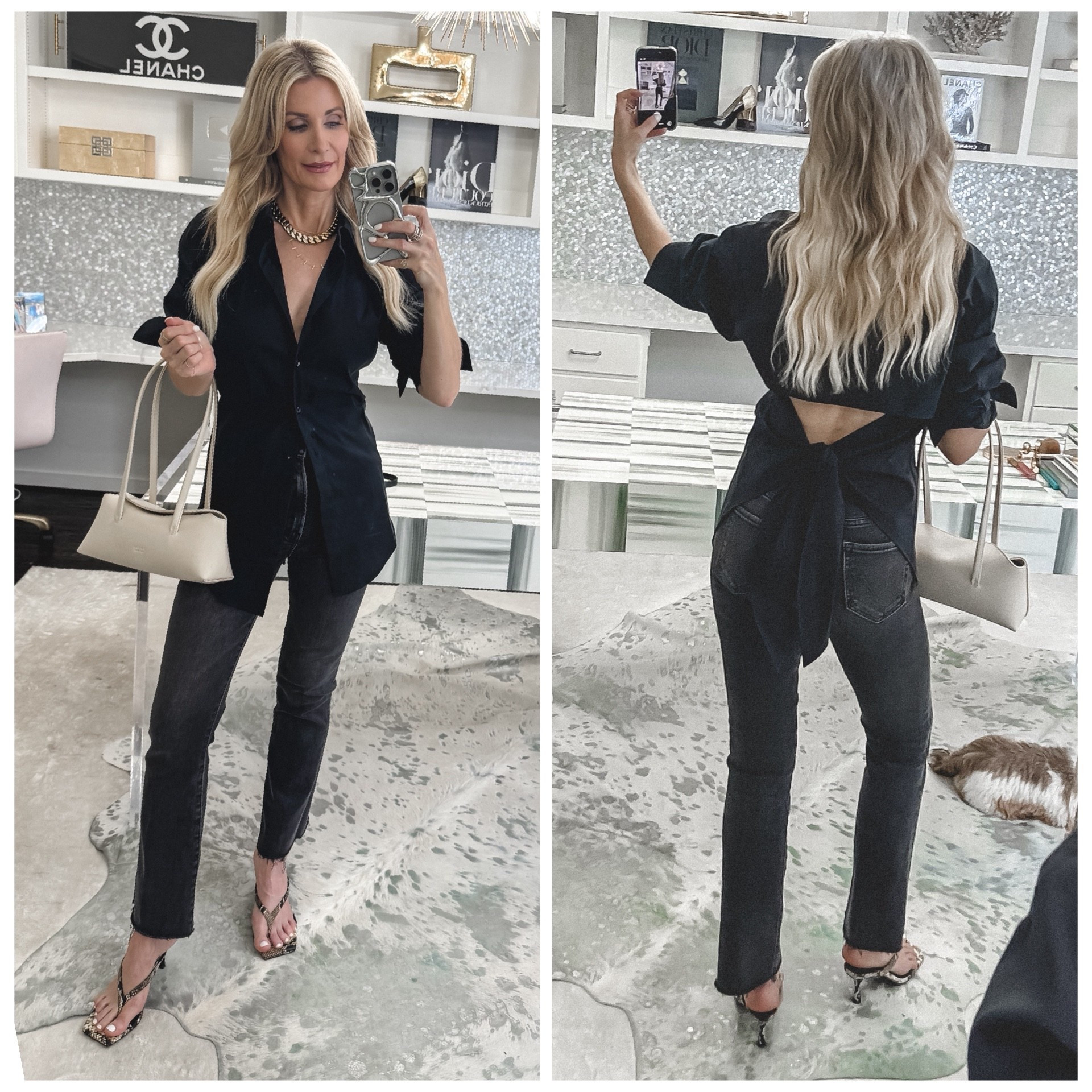 Sale Alert 🚨 This unique backless black button-down is on sale and SO chic 🖤 You can tie it in the back to cinch the waist, and it gives such a flattering, elevated shape.

It also comes in white and is super lightweight—perfect for summer ☀️

Paired it with these black faded jeans and snake print thongs to really pull the whole look together. It’s giving elevated, modern, and effortlessly cool.

Perfect for so many occasions—from casual dinners to a night out ✨

Wearing an XS in the top and a 24 in the denim.

#LTKOver40 #LTKSaleAlert #LTKgrwm