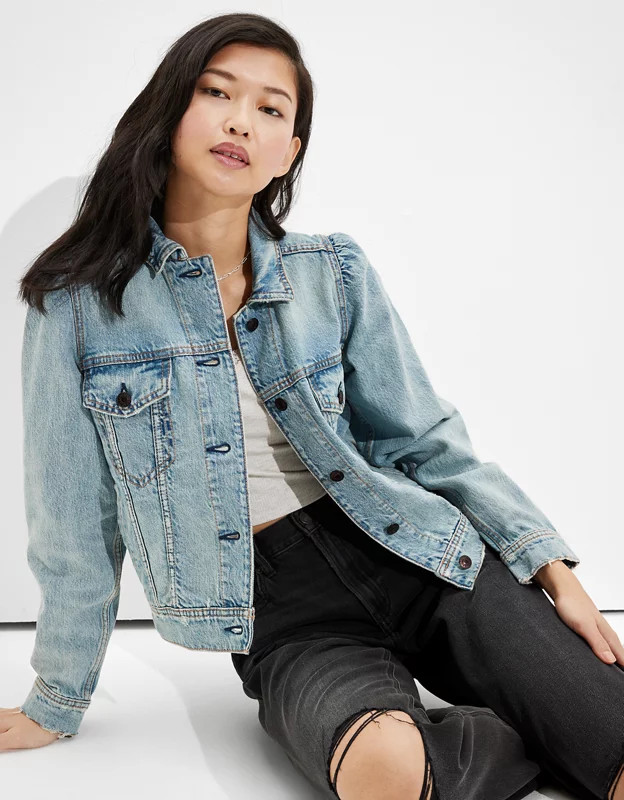 AE Cropped Puff-Sleeve Denim Jacket | American Eagle Outfitters (US & CA)
