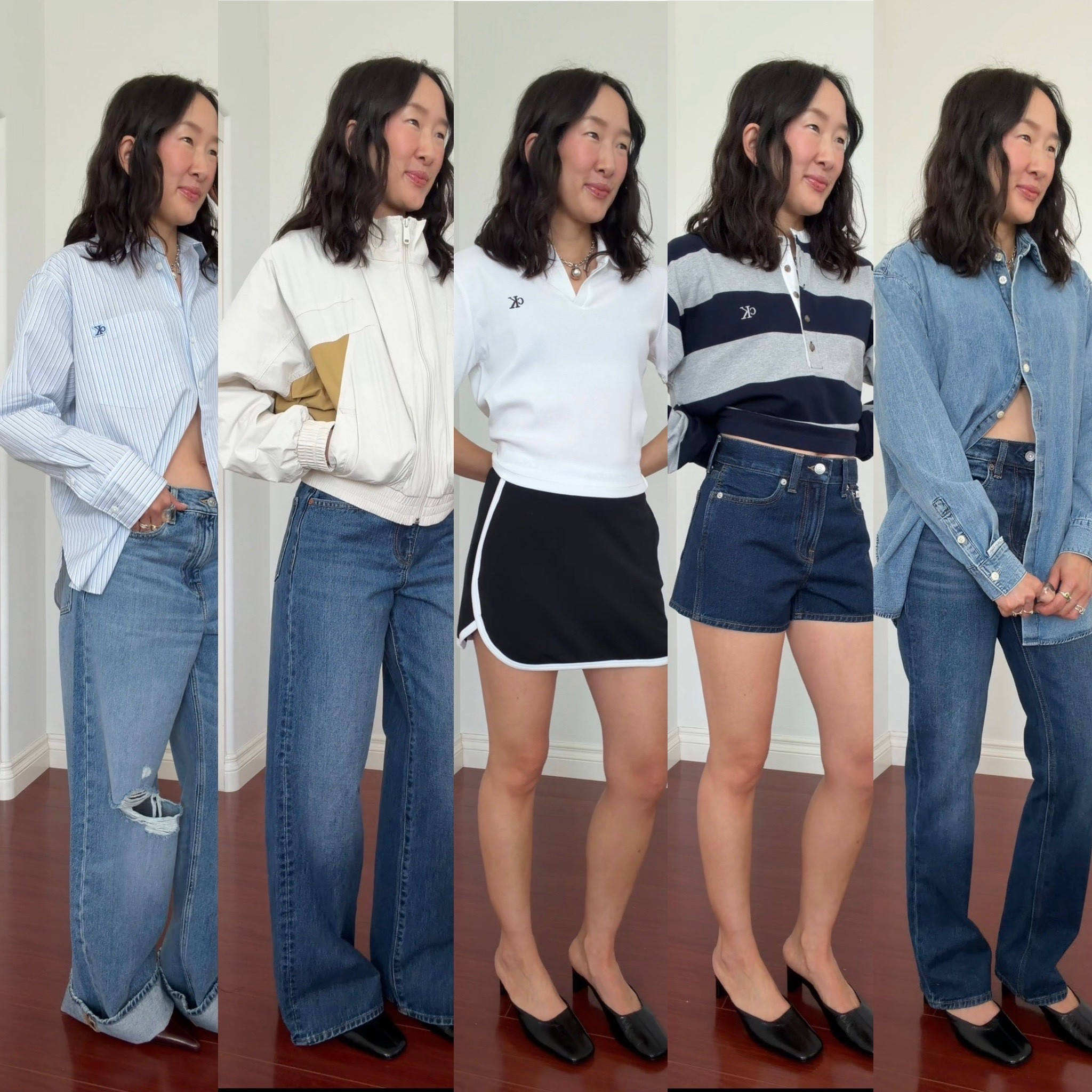 Wearing a 24 in low rise baggy jeans in “slashed indigo” (this ripped colorway is oos), xs in striped button up. Xs in black baby tee, 24 in wide leg jeans, xs in color block jacket, xs in logo black skort, xs in white short sleeve polo, xs in denim button up and 24 in dark straight leg jeans (blue marine). Xs in striped Henley long sleeve and 24 in mini denim shorts (true indigo)