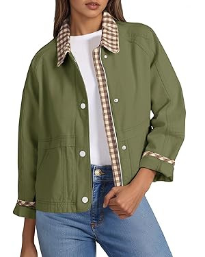 Tankaneo Womens Cropped Jacket Lightweight Casual Zip Up Barn Jackets Fall Contrast Plaid Outerwe... | Amazon (US)