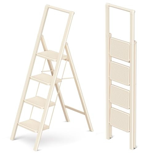 GameGem 4 Step Ladder Folding Step Stool, Foldable Ladder with Ergonomic Heightened Top Grip, Tall Step Ladder with Widened Anti-Slip Pedal for Closet, 330Lbs Load, Fold Thin and Tight, Cream White | Amazon (US)