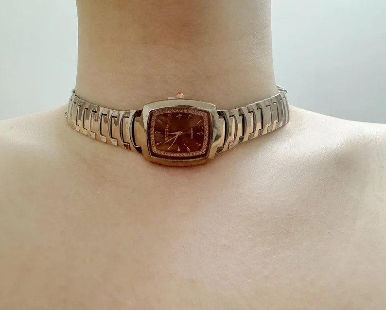 Brown Square-shaped Watch Choker Neckalce,Minimalist Chain Clock Choker,Vintage Watch Choker,Cool... | Etsy (Global)