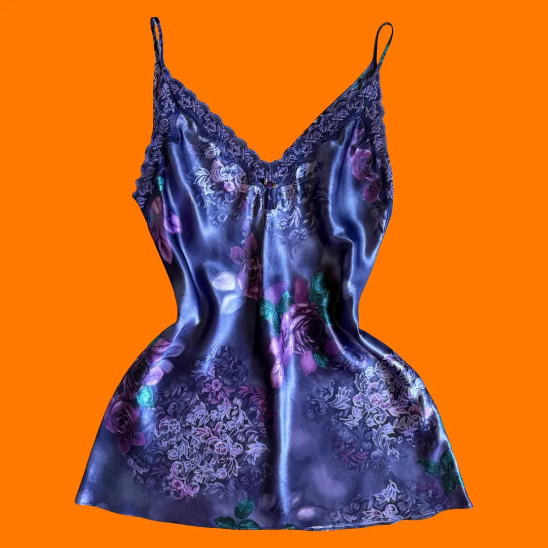 90's Vintage Purple Satin Floral Print Lace Trim Rosette Lingerie Mini Slip Dress SMALL Californi... | Etsy (US)