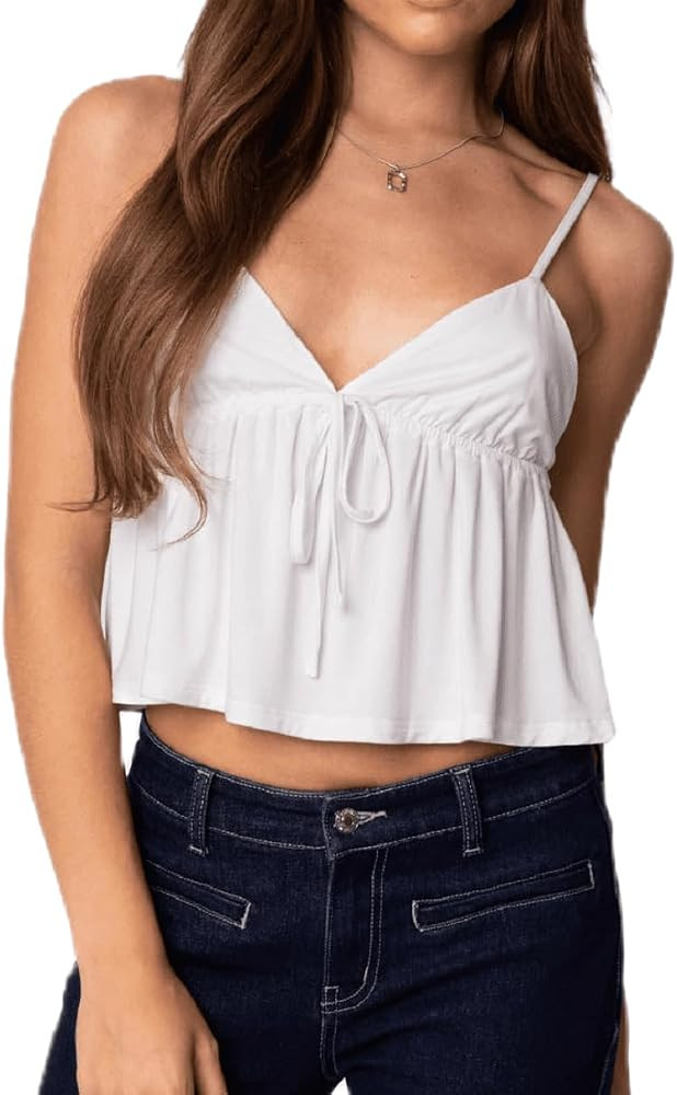 Babydoll Tops for Women Cute Spaghetti Strap Front Tie Tank Top Summer Going Out Flowy Hem Cami T... | Amazon (US)