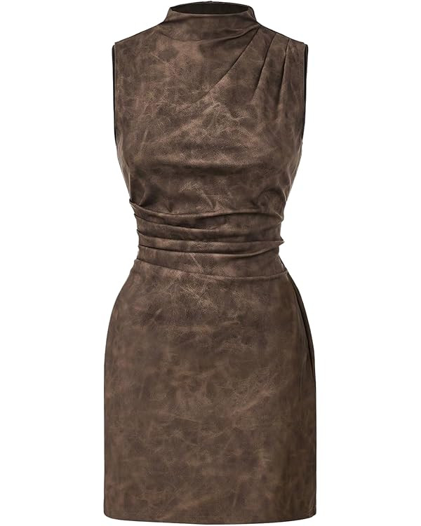 Women's PU Leather Ruched Bodycon Dresses Mock Neck Sleeveless Zipper Mini Tank Dress | Amazon (US)