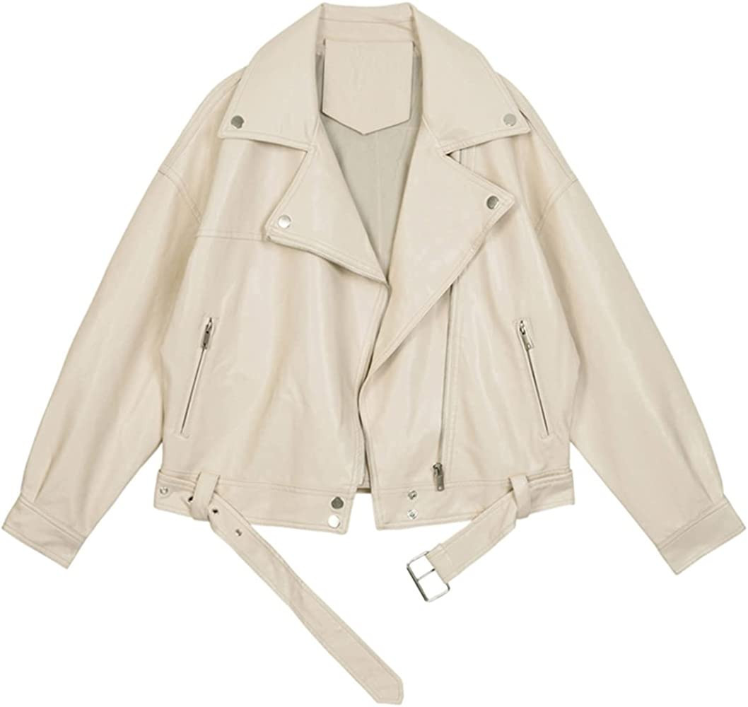 MilaBrown Loose Pu Leather Jacket for Women with Belt Black Soft Faux Leather Jacket Female Motor... | Amazon (US)