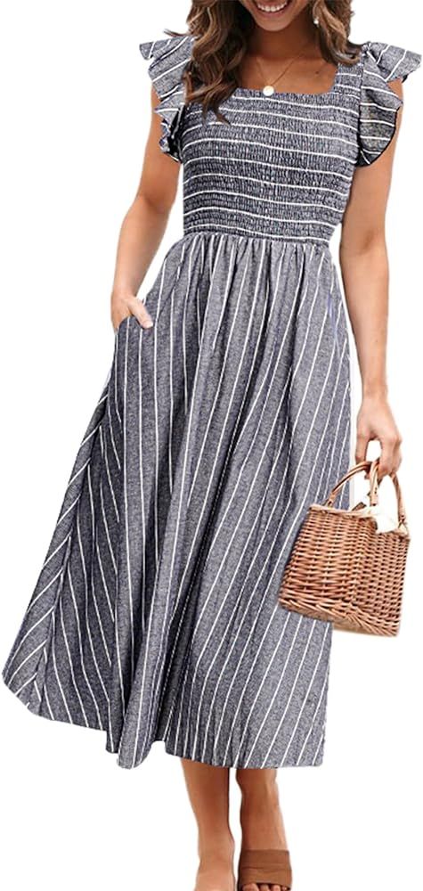 Miessial Women's Striped Linen Midi Dress Elegant Square Neck Ruffle Cap Sleeves Maternity Dress ... | Amazon (US)