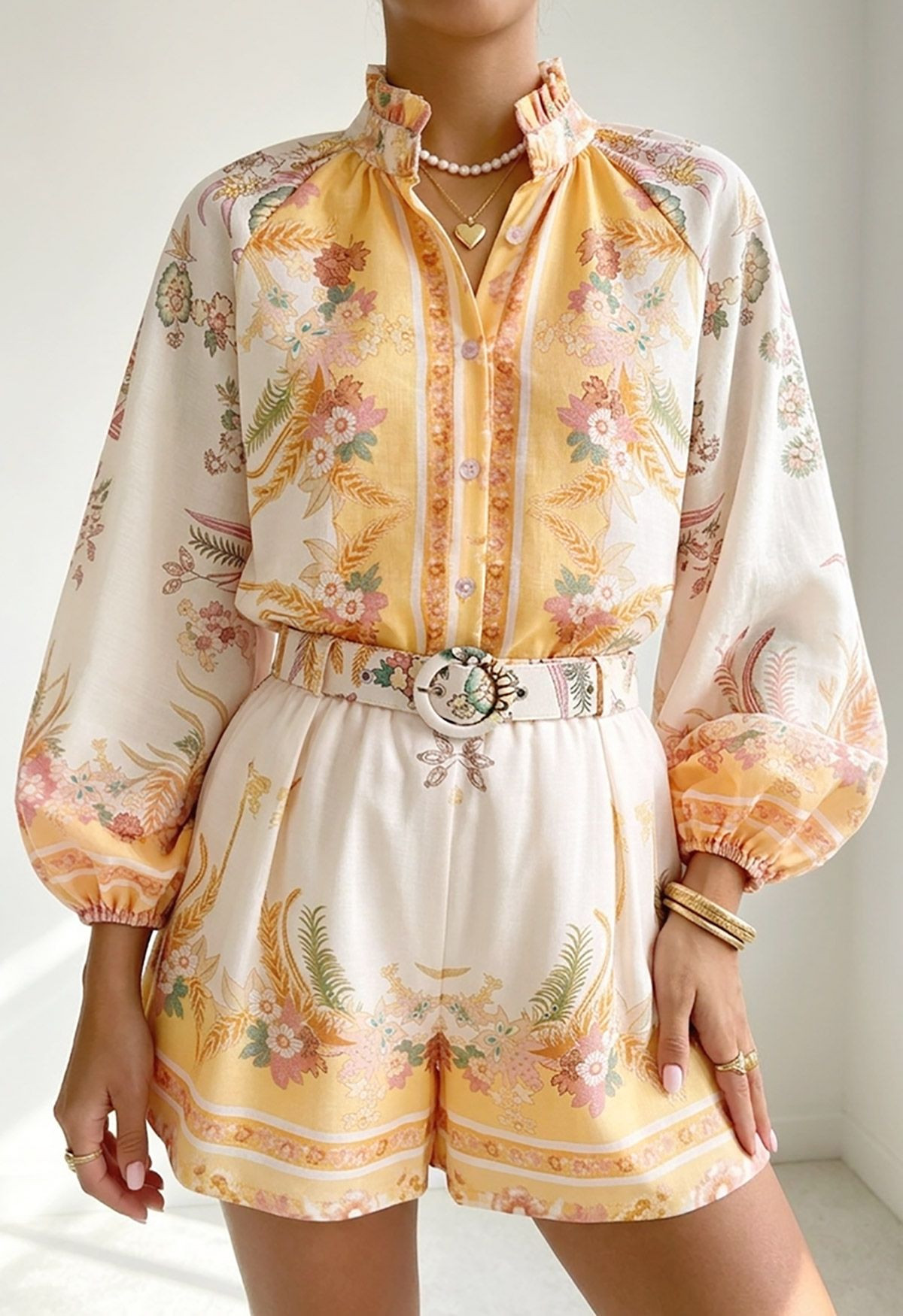 Boho Floral Puff Sleeve Top and Belted Shorts Set in Yellow for Vacation & Weekend Brunch | Chicwish