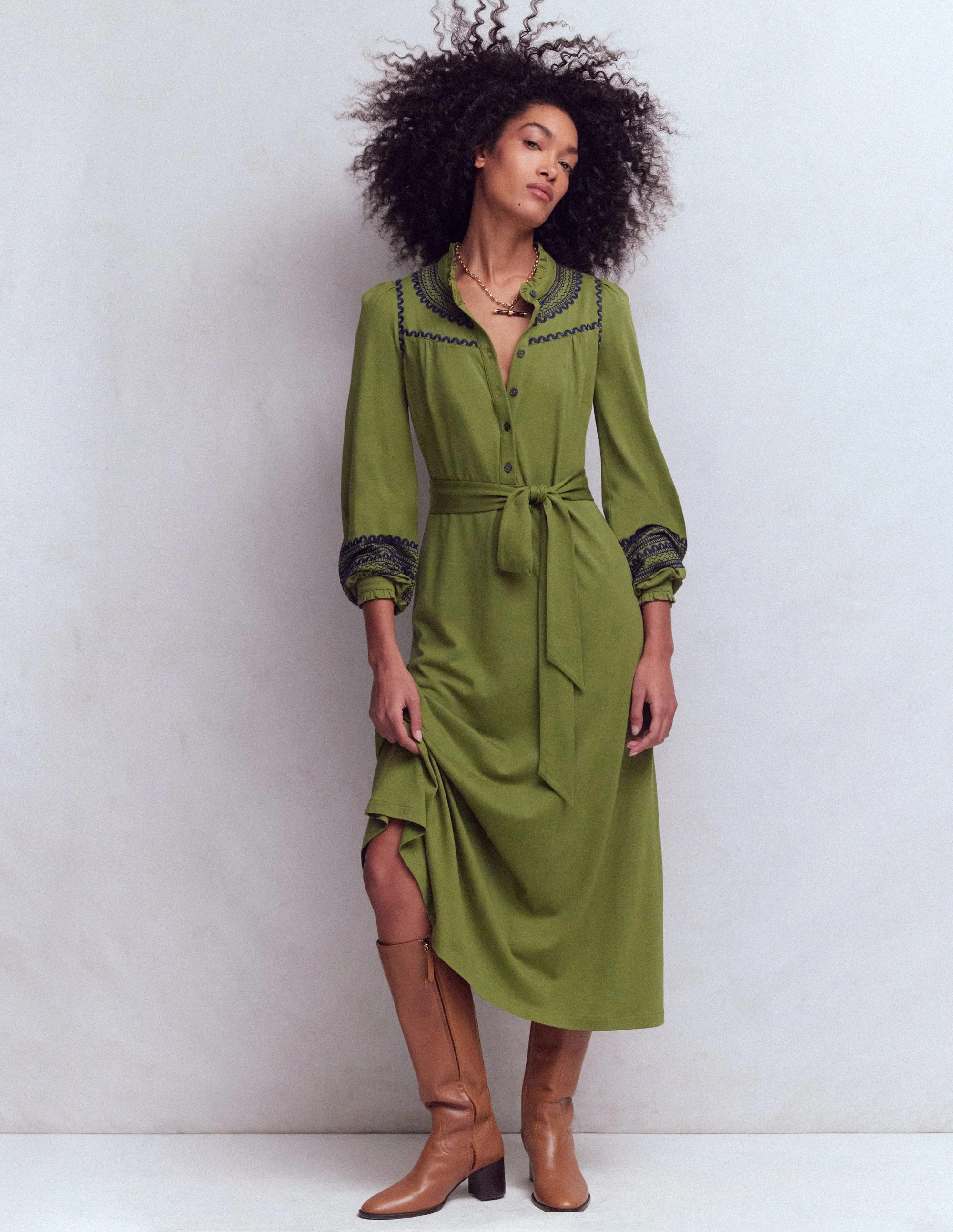 Embroidered Jersey Shirt Dress-Olive | Boden (US)