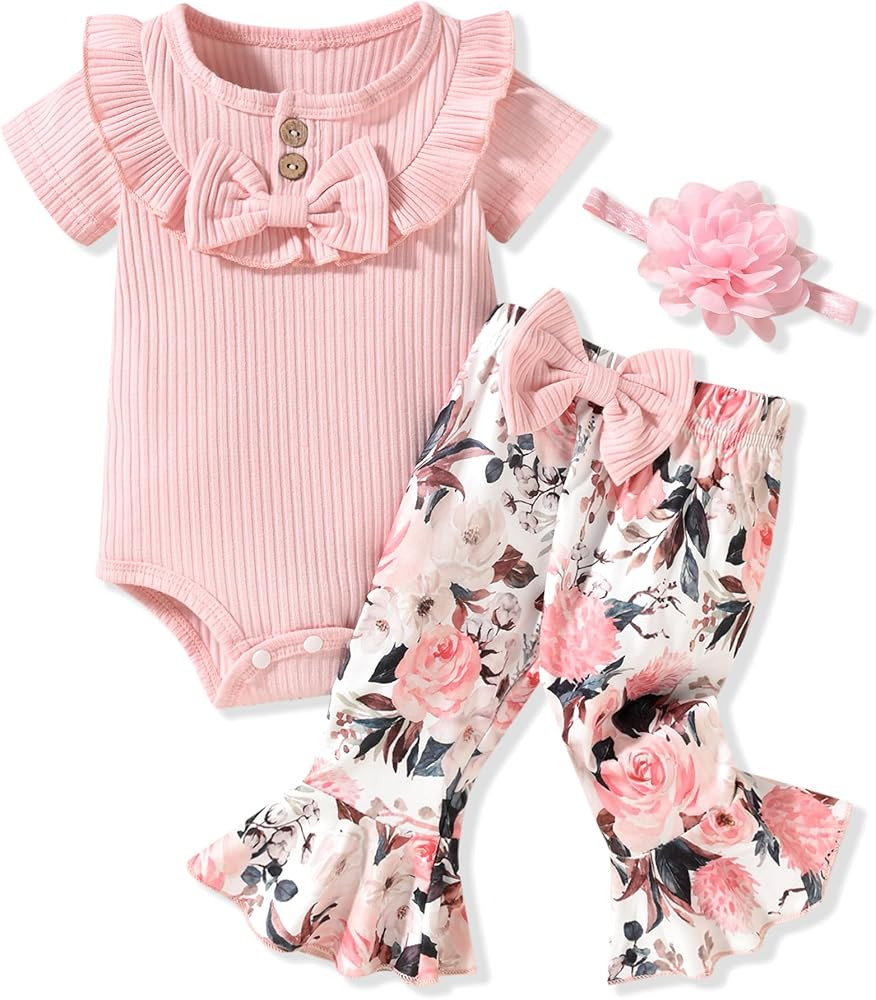 HINTINA Newborn Baby Girl Ribbed Bell Bottom Summer Outfits | Amazon (US)