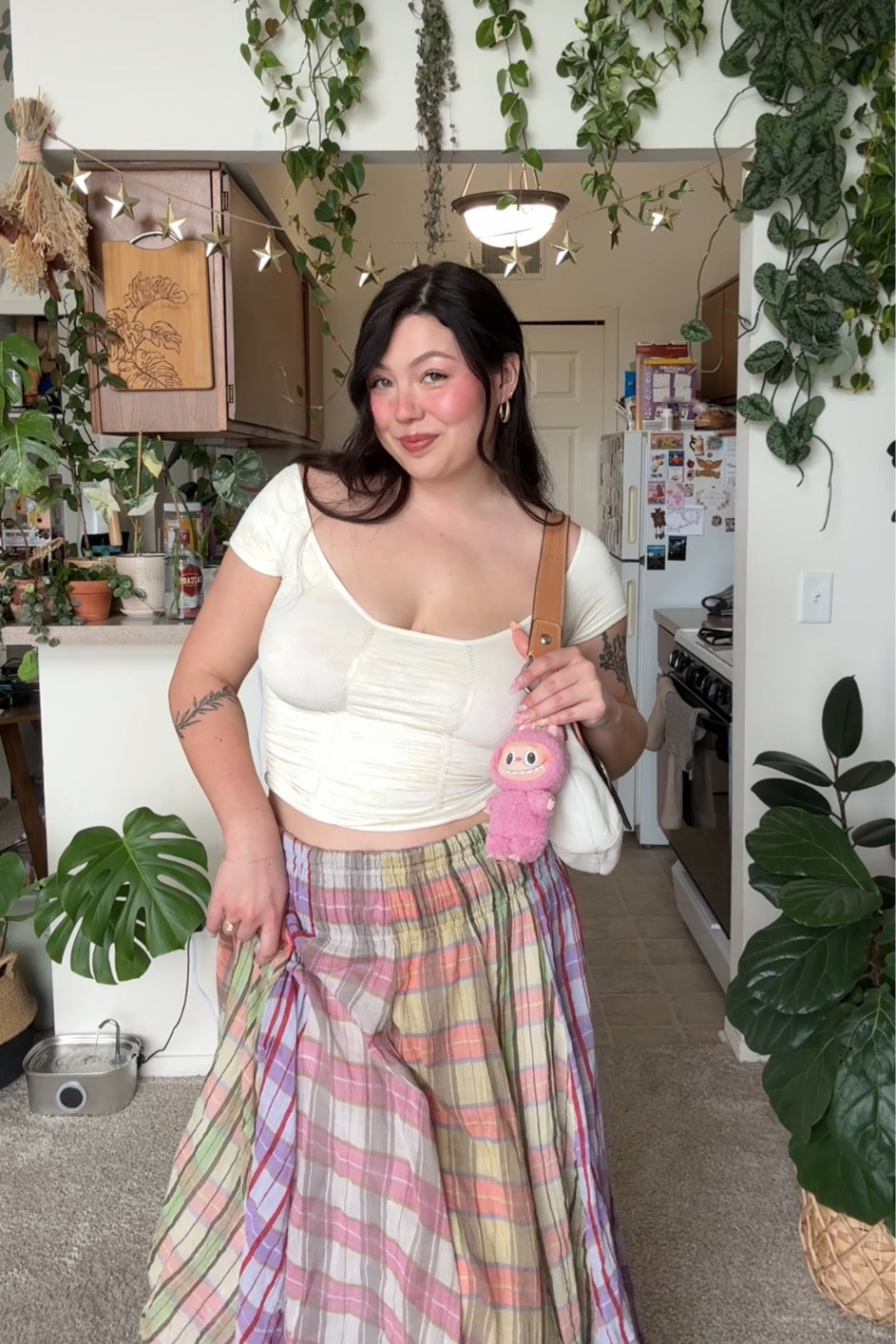 Size M/L in top, skirt is free people Lausanne convertible skirt- got on Poshmark, bag is coach