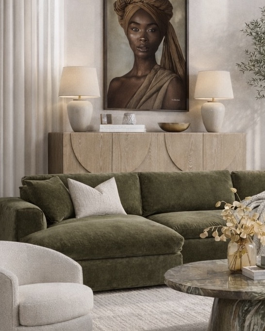 Seeing this design come to life is amazing. From the rich olive tones to the layered textures and soft neutrals, every detail flows effortlessly. It’s giving modern, elevated energy with a warm, grounded feel, and that statement art pulls it all together beautifully. 👌🏾

#LTKHome