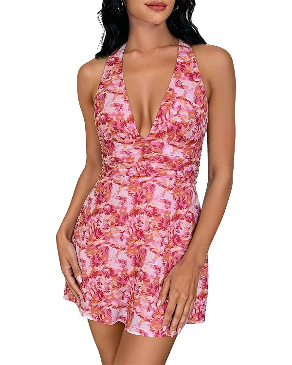 COCCKO Women's Halter Deep V Neck Dress, Backless Floral Print Mini Sundress, Summer Beach Vacati... | Amazon (US)