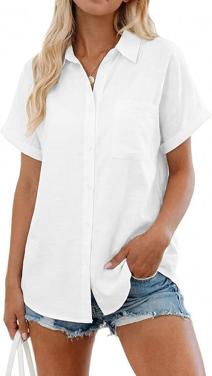 Womens Casual Button Down Shirt Short Sleeve Cotton Linen Blouses Ladies Collared Button Up Summe... | Amazon (US)