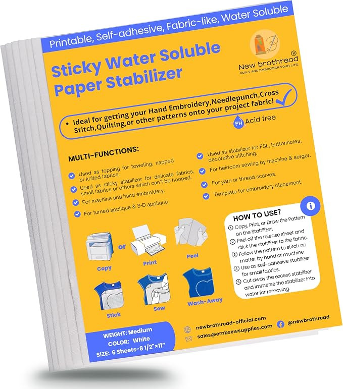 New brothread 6PCS 8.5"x11" Sticky Water Soluble Embroidery Stabilizer Printable Paper Stabilizer... | Amazon (US)