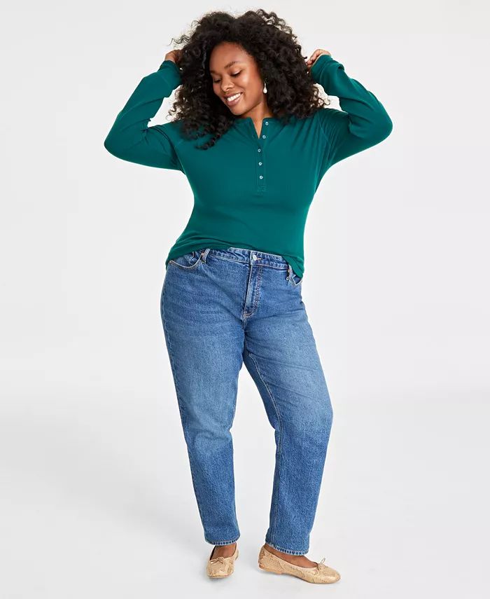 Plus Size Ribbed Long-Sleeve Henley Top, Created for Macy's | Macy's