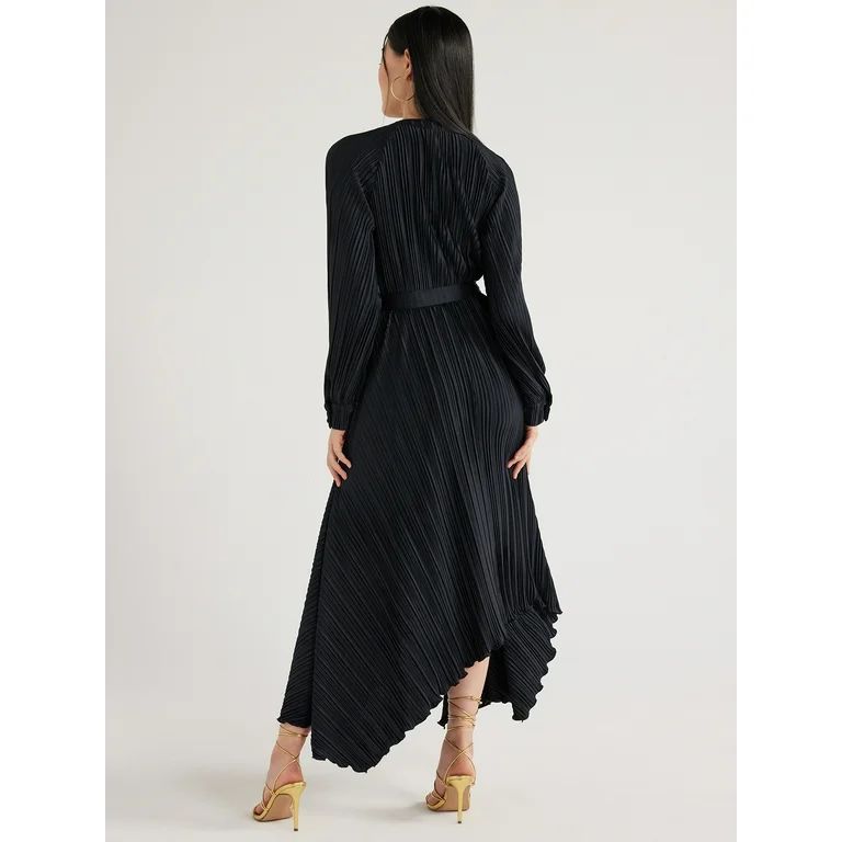 Scoop Women’s Pleated Handkerchief Hem Dress with Long Sleeves, Sizes XS-XXL | Walmart (US)