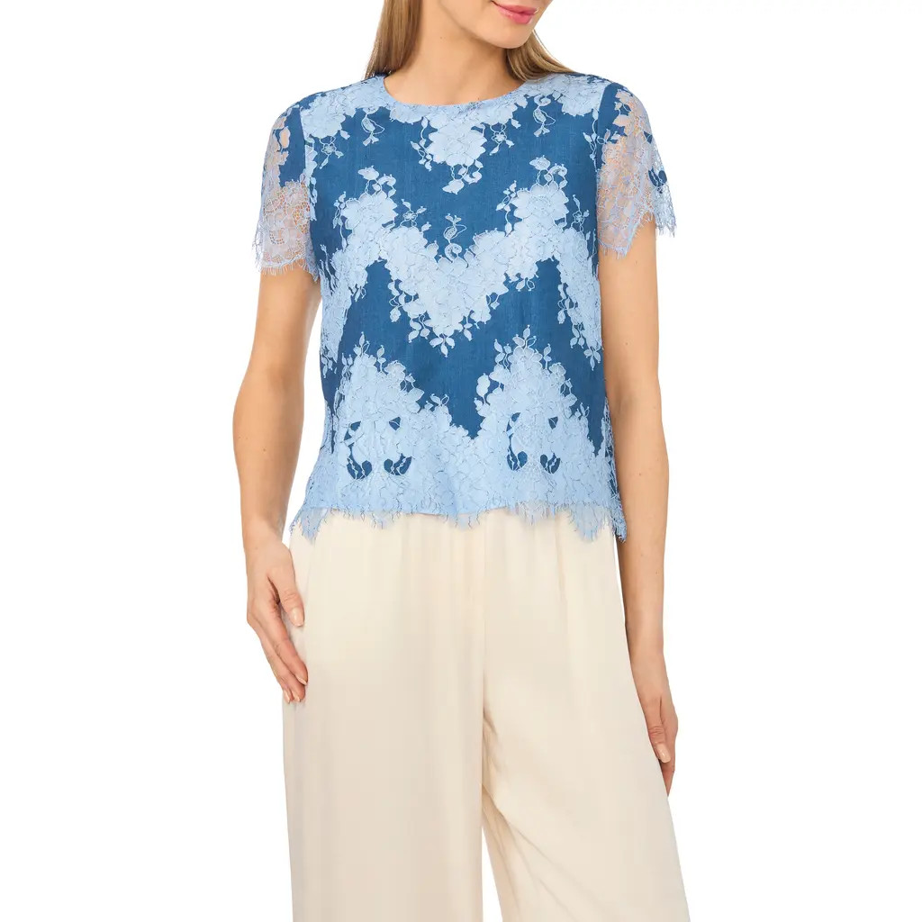 Halogen® Lace Inset Chambray T-Shirt in Kentucky Blue at Nordstrom Rack, Size Xx-Small | Nordstrom Rack