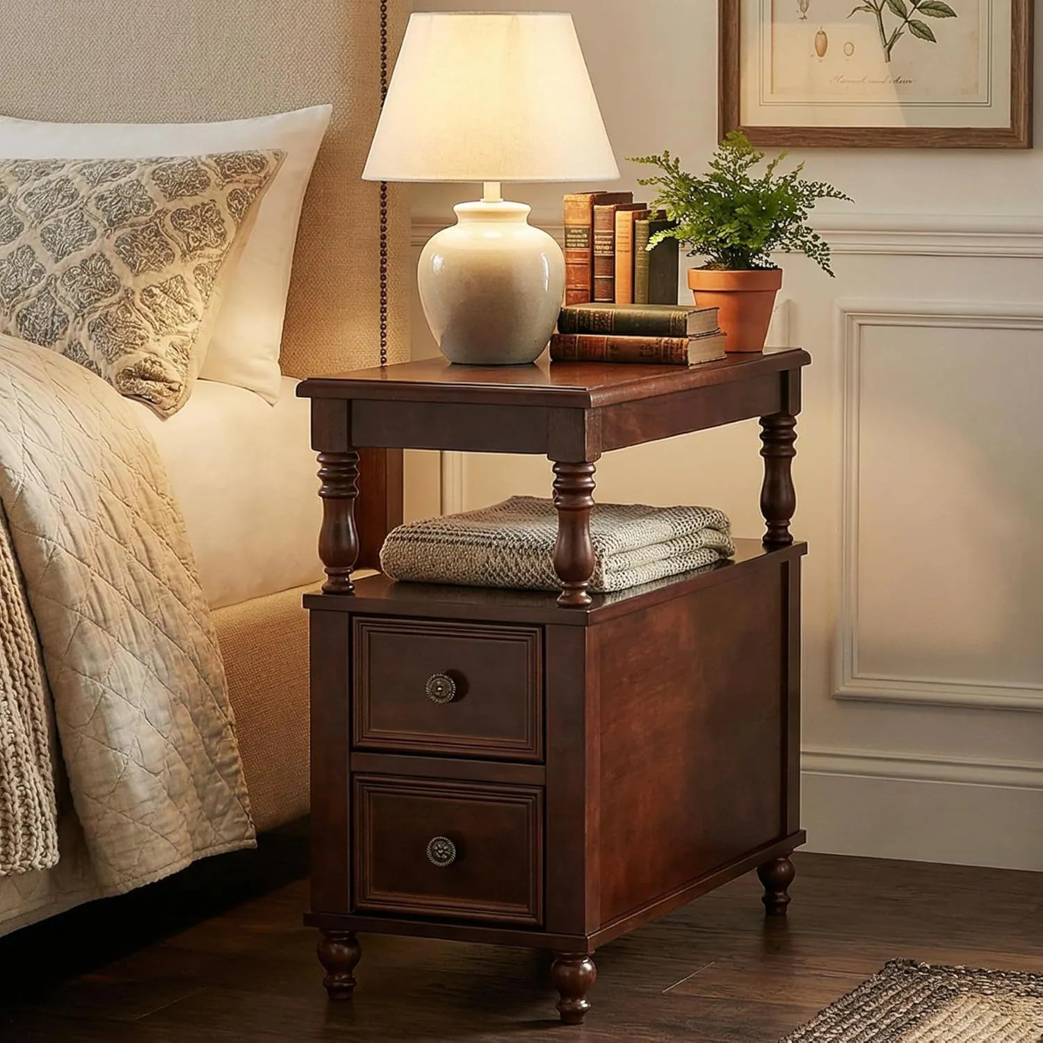 Tribesigns Solid Wood Nightstand with 2 Drawers Mid Century Modern Night Stand with Open Storage Shelf Vintage Bedside Table for Bedroom Easy to | Lowe's