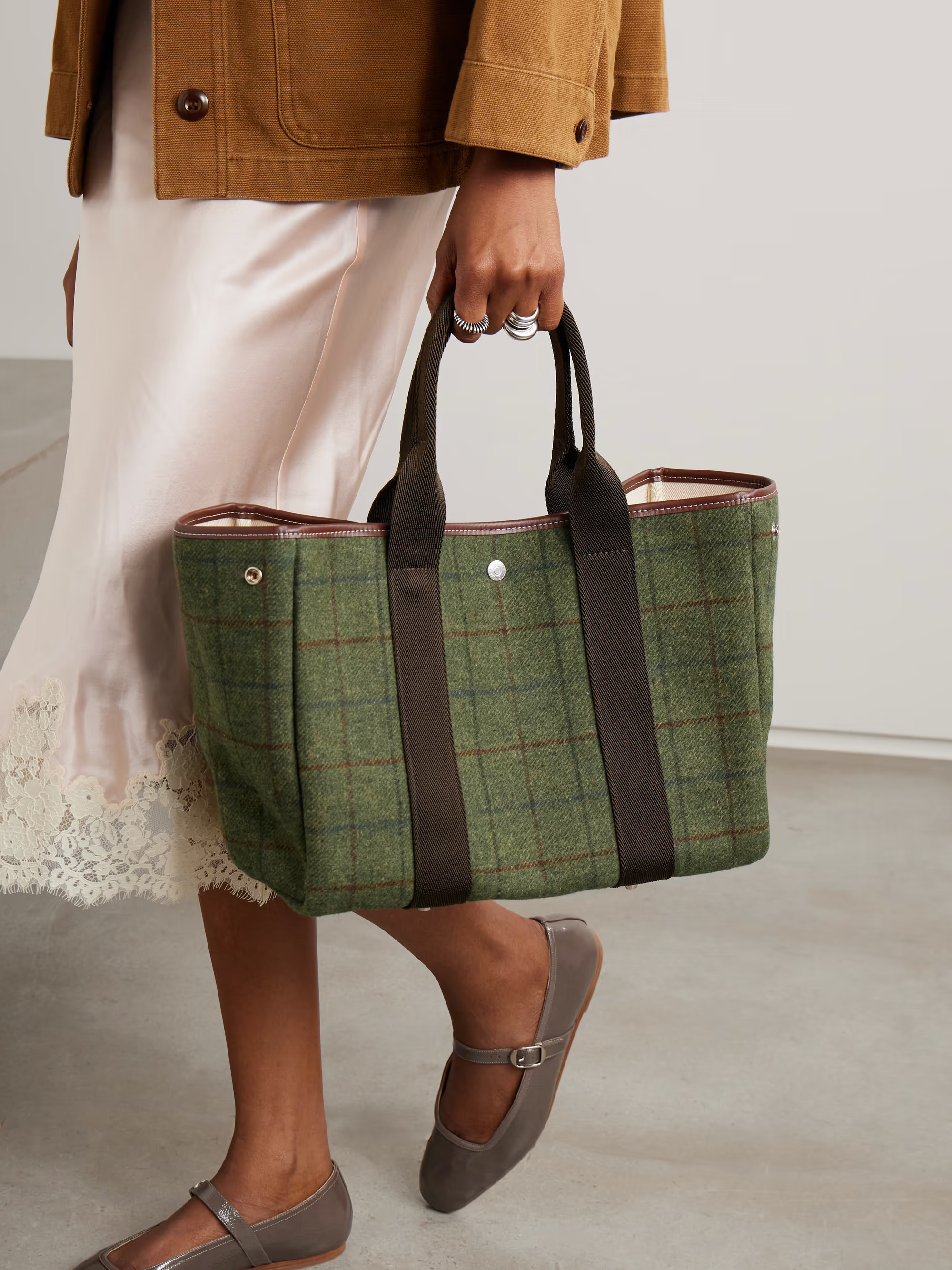Traversée Hunting medium webbing and leather-trimmed checked wool-felt tote | NET-A-PORTER (US)