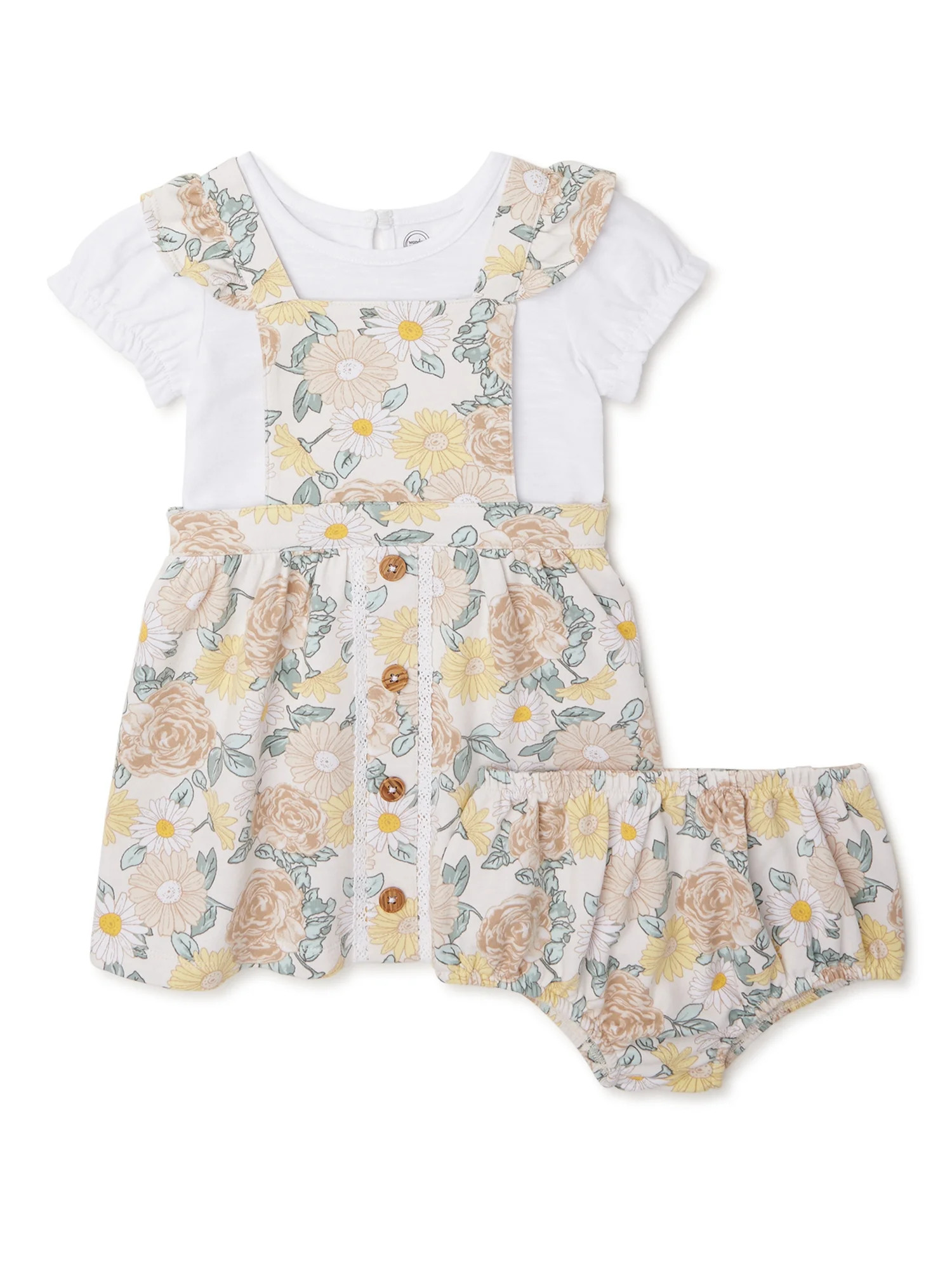 Wonder Nation Baby Girl Pinafore Dress, Short Sleeve T-Shirt and Diaper Cover Outfit Set, 3-Piece... | Walmart (US)