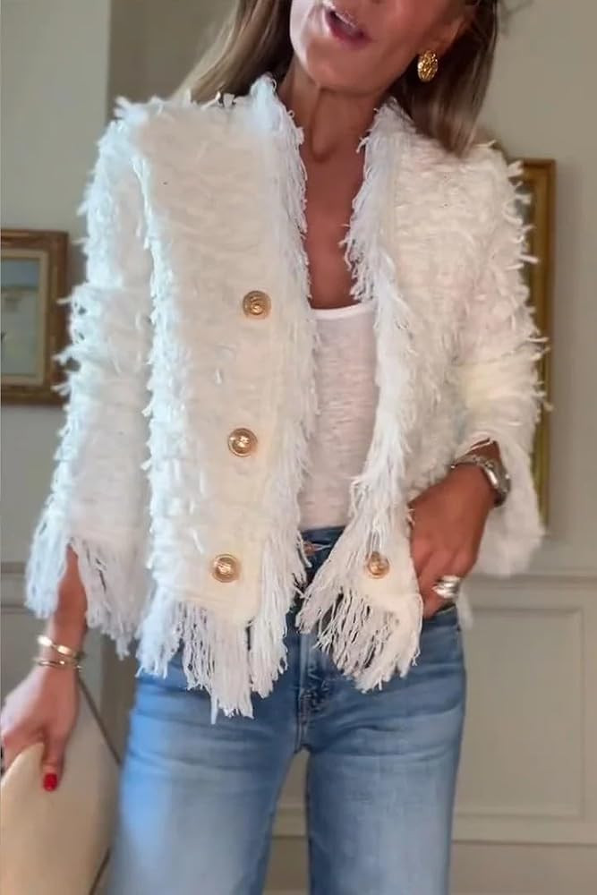 Chvity Fringe Jacket Women Tweed Blazer Cable Casual Open Front Cropped Fringe Lightweight Fashio... | Amazon (US)