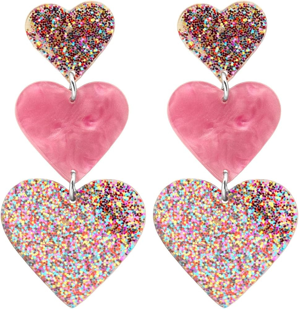 Pink Heart Drop Earrings for Women Red Acrylic Heart Dangle Earrings Cute Love Dangling Heart Ear... | Amazon (US)