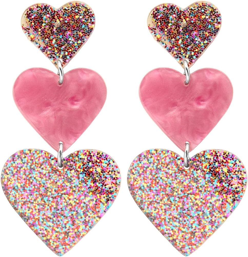 Pink Heart Drop Earrings for Women Red Acrylic Heart Dangle Earrings Cute Love Dangling Heart Ear... | Amazon (US)