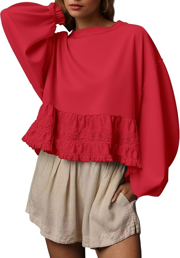 Crew Neck Crop Oversized Sweatshirts For Women Casual Long Puff Sleeve Babydoll Tops Loose Lace P... | Amazon (US)