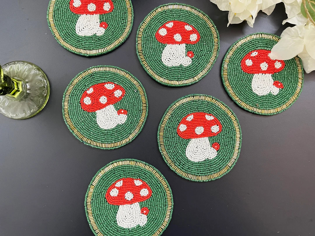 Set of 6 Coasters, Mushroom Design Beaded Drink Coasters, Gift for Her - Etsy | Etsy (US)
