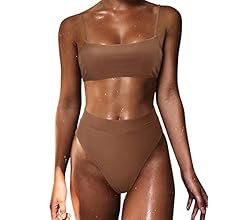 MOSHENGQI Women High Wasited Bikini Shoulder Strap 2 Piece High Cut String Swimsuits | Amazon (US)