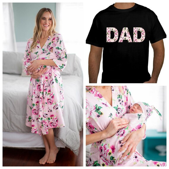 Maternity Nursing Delivery ROBE & Matching Baby Girl SWADDLE Blanket Set + Daddy T-shirt / Baby S... | Etsy (US)