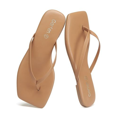 Gorfen Leather Flip Flops for Women Comfortable Beach Sandals Trendy Square Toe Flip Flops Hard-Wearing Sandals for Outdoor and Casual, Taupe Size 5.5 | Amazon (US)