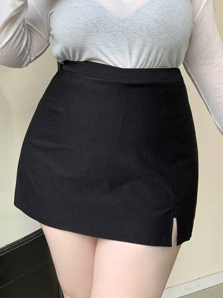 Dazy Plus Plus Size Women Solid Color A-Line Skirt With Split Hem Summer,Back To School Clothes | SHEIN