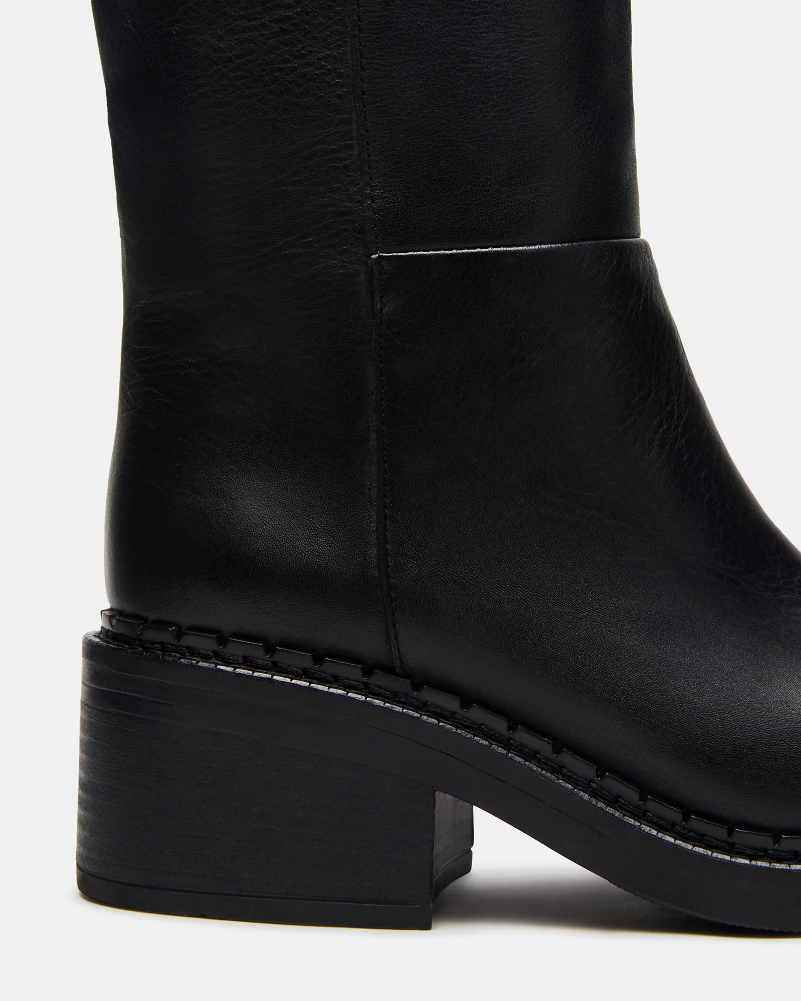 DAVOS Black Leather Square-Toe Knee High Block Heel Women's Boot | Steve Madden (US)