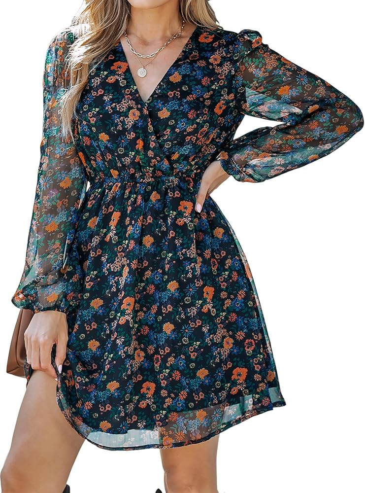 CUPSHE Fall Dresses for Women V Neck Chiffon A Line Mini Dress Long Peasant Sleeves Casual Dress | Amazon (US)