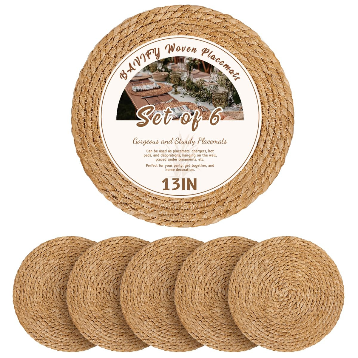 13 in Round Woven Plate Chargers Set of 6, Boho Farmhouse Rustic Woven Placemats for Dining Table... | Amazon (US)