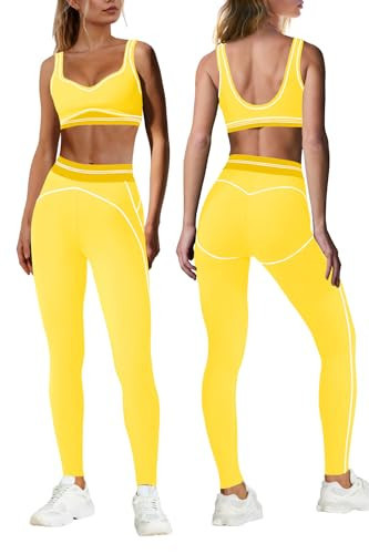 Nirovien Womens 2 Piece Workout Sets Athletic Yoga Sets Pilates Gym Outfits Butt Lifting Leggings and Sports Bra(Yellow,S) | Amazon (US)