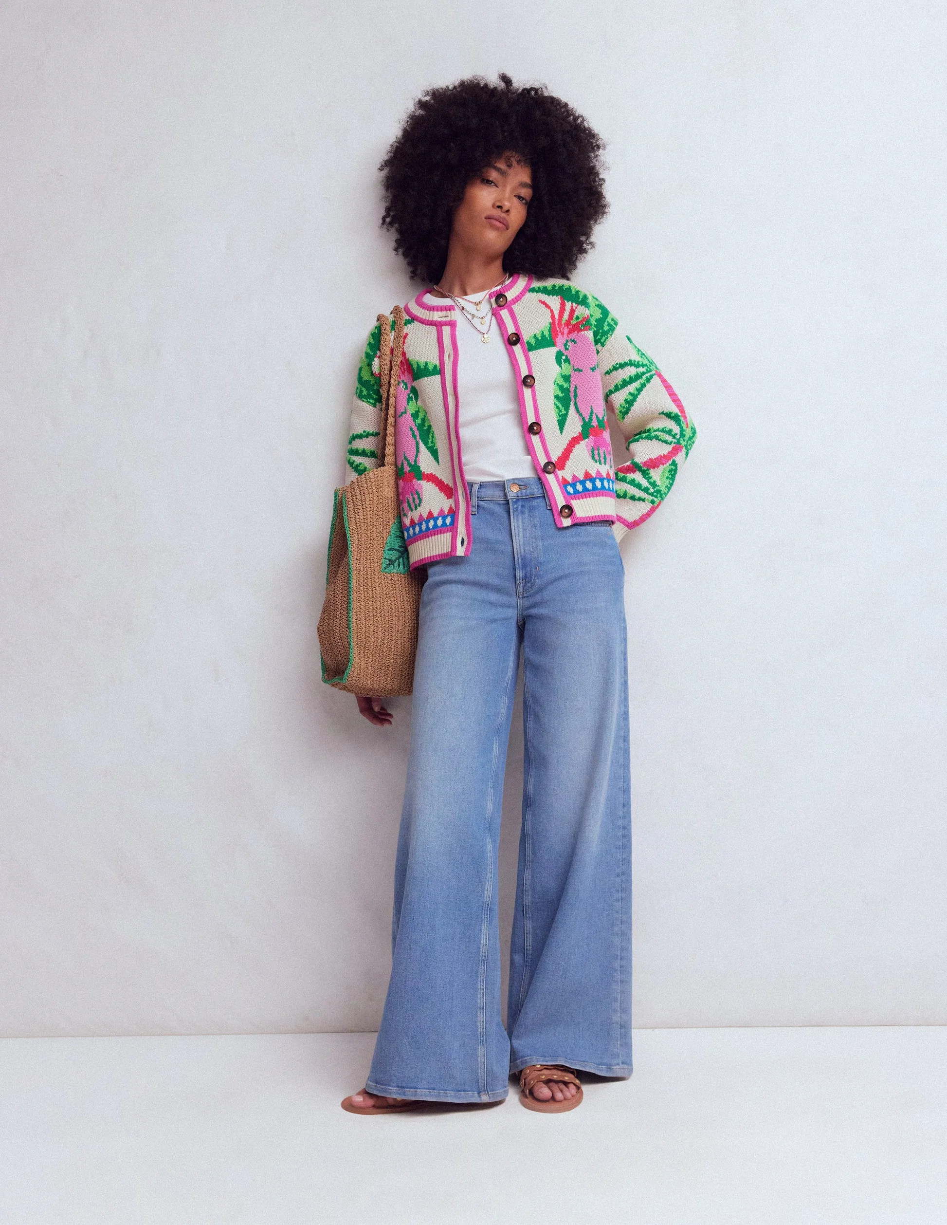 Abi Jacquard Cardigan-Warm Ivory, Palm Tree Birds | Boden (US)