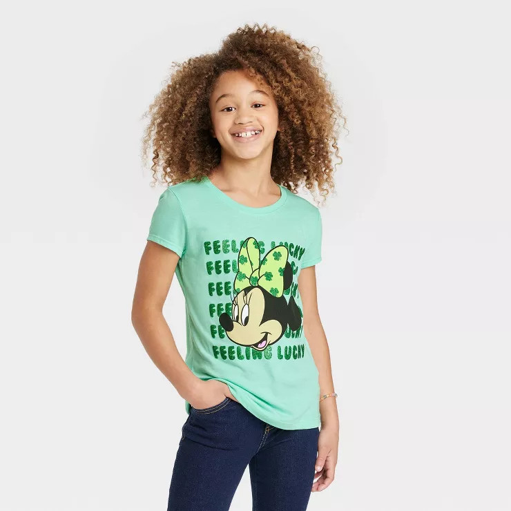 Girls' Disney Minnie Mouse Lucky St. Patrick's Day Short Sleeve Graphic T-Shirt - Aqua Green | Target