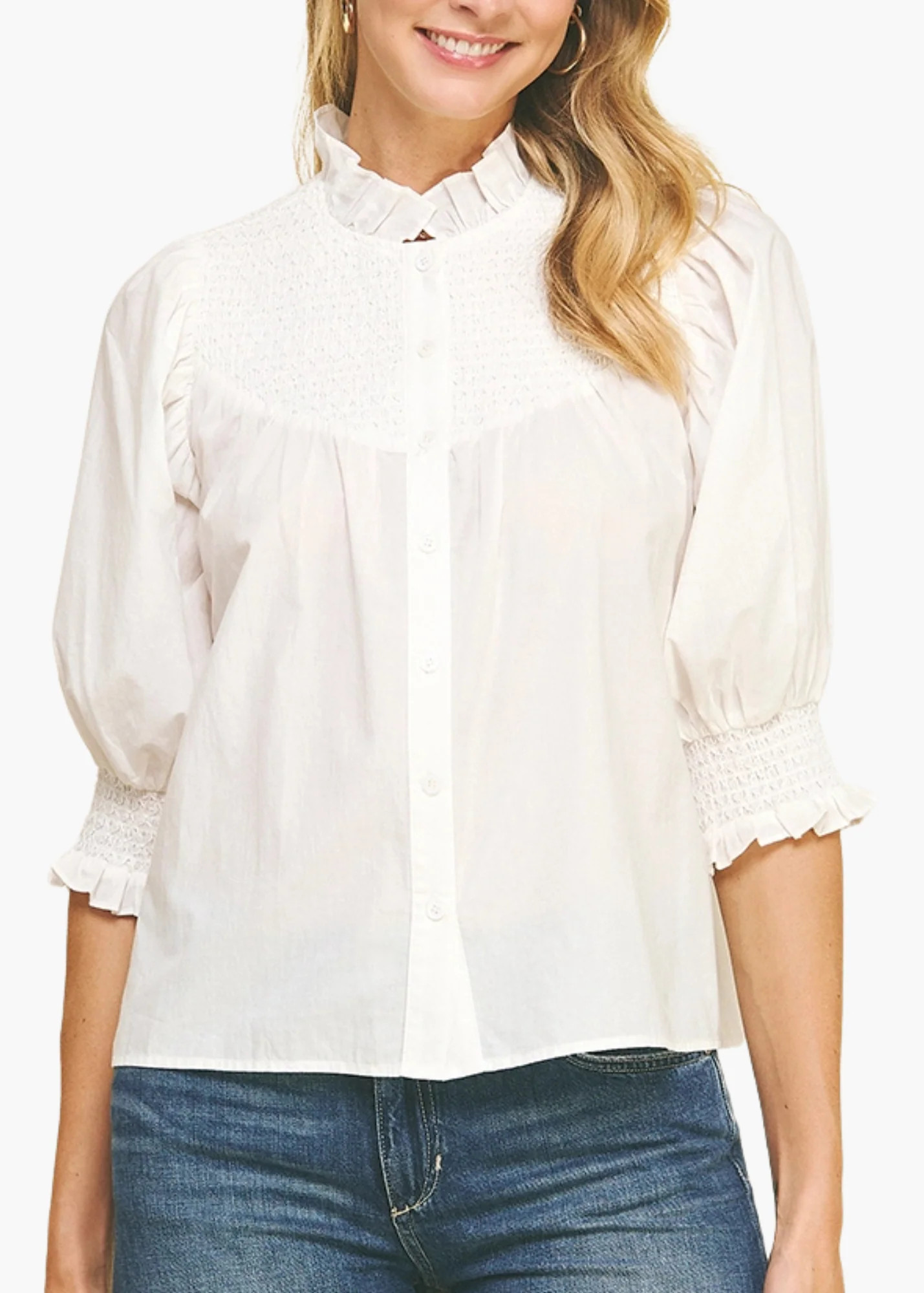 Sawyer Smocked Top in White | Poppy and Pink