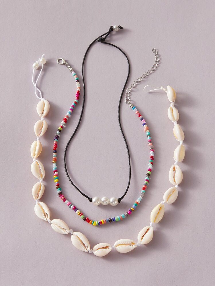 3pcs Shell & Bead Decor Necklace | SHEIN