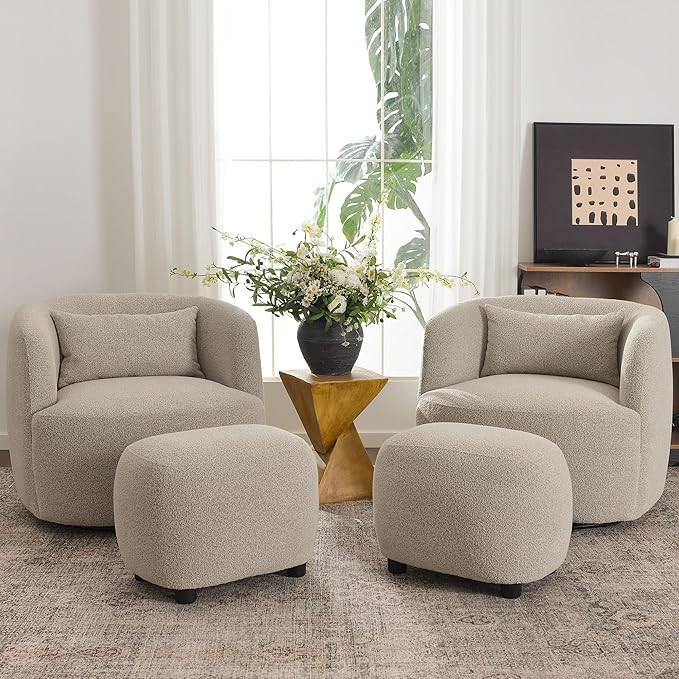 KINWELL 34" Wide 2 Boucle Swivel Barrel Chairs and 2 Ottomans Set, Fully Assembled Sherpa Accent ... | Amazon (US)