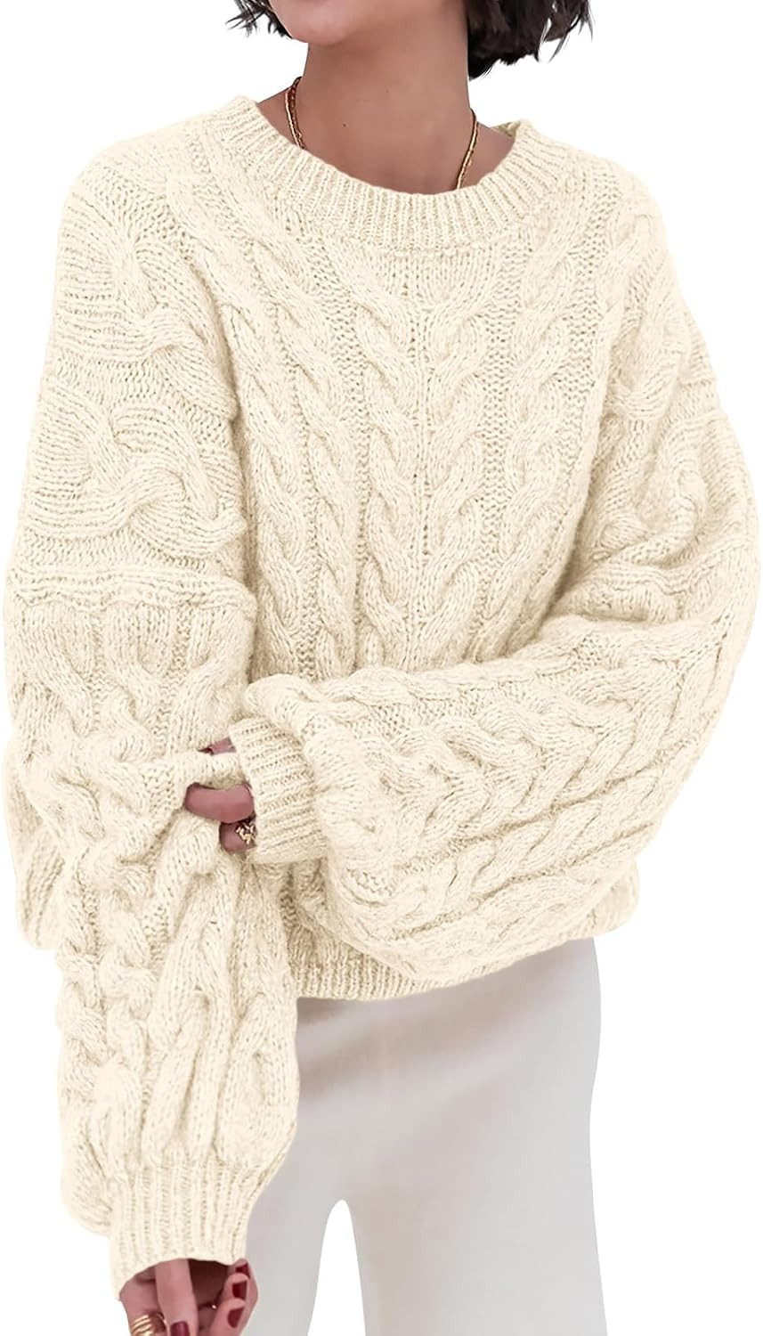 PRETTYGARDEN Womens Sweaters Fall 2026 Cable Knit Long Sleeve Crewneck Oversized Sweater Chunky Pullover Loose Outfits | Amazon (US)
